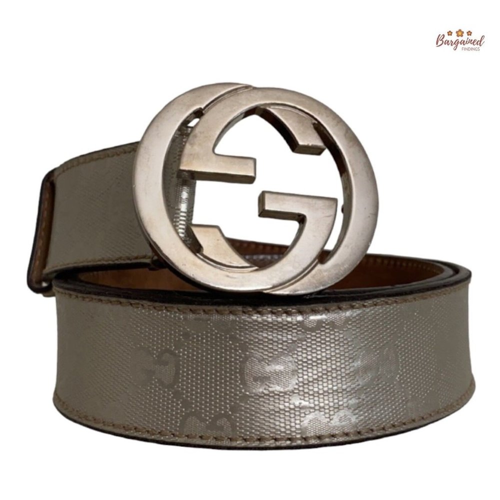 Authentic Gucci Silver Imprime Monogram Leather Interlocking G Buckle Belt 95/38